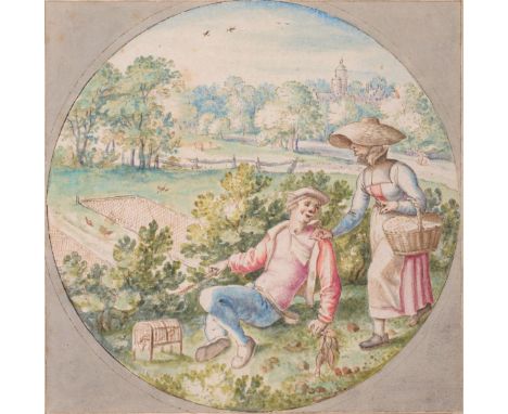 Dutch School (17th century) A birdcatcher at rest on a grassy bank conversing with a lady carrying a basket Brown ink and wat