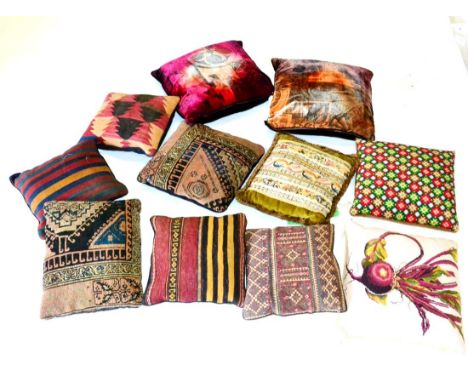 Assorted Decorative Cushions including three tapestry examples, six eastern examples made up from rugs, pair of modern printe