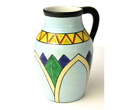A Wilkinson Royal Staffordshire Pottery Lotus Jug, 20th century, painted with a geometric border over overlapping stylised le
