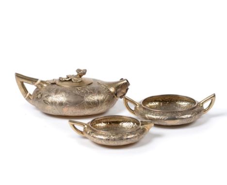 A Good Victorian Silver Gilt Miniature Three Piece Tea Service, Joseph, Albert, Horace & Ethelbert Savory, London 1880, compr