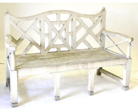 A White Painted Wooden Garden Bench, with Chinese lattice back, on square legs, 155cm wide  Provenance: Ex Collection of Susa