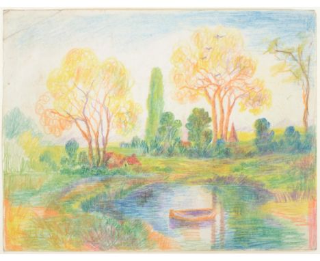 Louis Wain (1860-1939)  Summer river landscape Signed, coloured crayon, 17cm by 22.5cm   Provenance: Michael Parkin, London, 