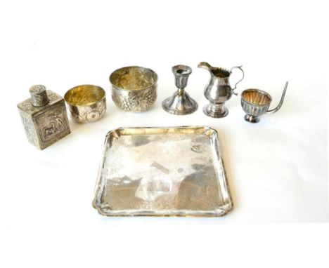 A Russian Silver Salver, worn marks, square with re-entrant corners and flat chased decoration, 23cm wide; A Dutch Silver Tea