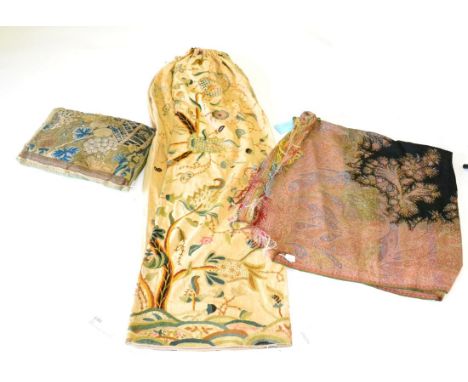 A Pair of Crewelwork Curtains embroidered with scrolling branches with flowers and foliage, lined, 100cm by 180cm; A Woven Pa