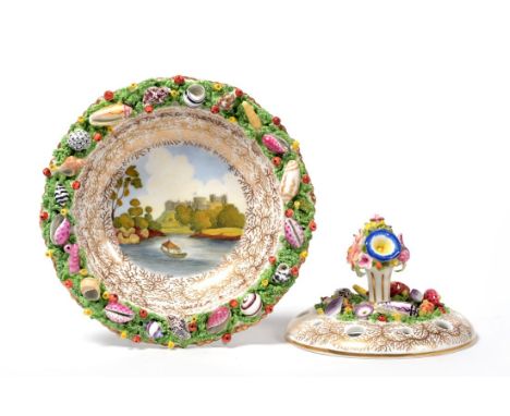 A Chamberlains Worcester Porcelain Pot Pourri Dish and Cover, circa 1830, painted with a view, possibly of Windsor Castle, on