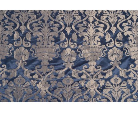 Three Pairs of 19th Century Navy Blue Silk Brocade Curtains, with green braid trim to the header, lined and interlined, two p