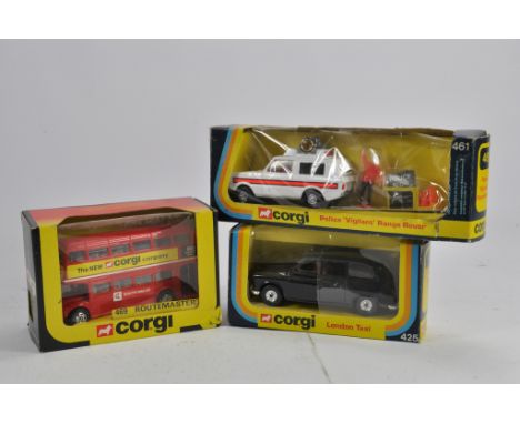 Corgi No. 469 Routemaster Bus, No. 461 Police Range Rover plus No. 425 London Taxi. All NM to M in F to G Boxes. (3)