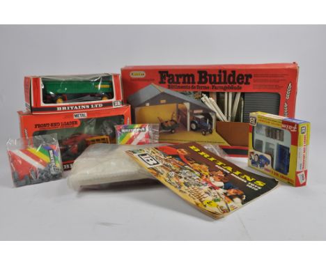 Britains Farm Assortment including Farm Building Set, Transport Box, Front End Loader (with MF Tractor), 4 Wheeled Trailer, P