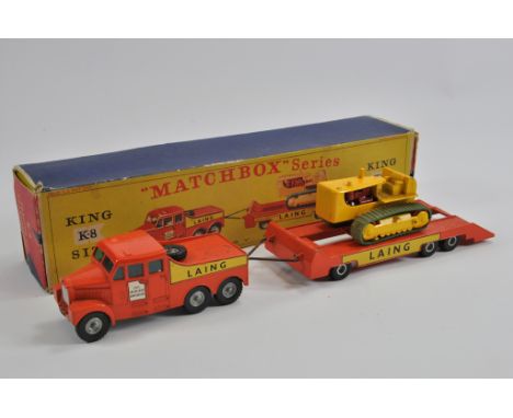 Matchbox Kingsize K-8 Scammell 6 x 6 Ballast Tractor with Low Loader Trailer & Caterpillar Heavy Tractor load. E to NM in G B