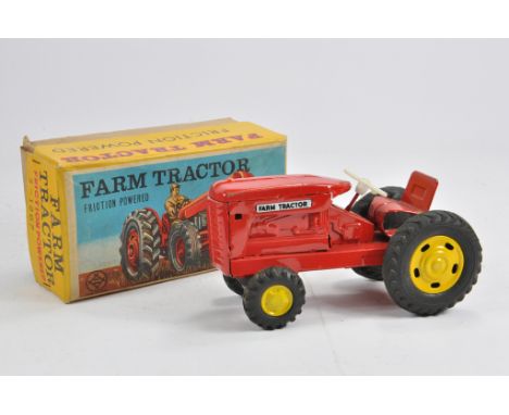 Unusual Tin Plate Friction Driven Tractor in Red. Japanese. VG to E in VG Box.