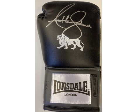 ANTHONY JOSHUA SIGNED BOXING GLOVE. A Lonsdale 'M:Core' boxing glove, signed clearly in silver ink by Anthony Joshua. Provena