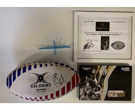 BILLY VUNIPOLA SIGNED RUGBY BALL. A 'Gilbert Supporter' rugby ball signed clearly in black ink by Billy Vunipola, with framed