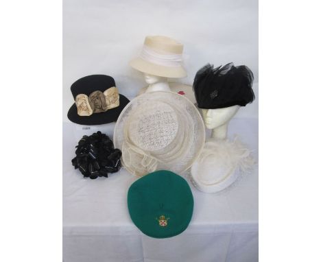Various vintage hats to include felt First Avenue in black with raw silk appliqued flowers, a Kangol straw hat, a vintage bla