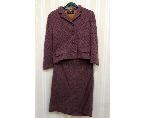 Ladies vintage coats and suits to include purple and pink tweed labelled 'London Made', a red tweed jacket with peplum hem an