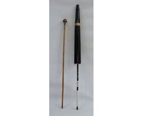 Oriental mid-20th century parasol, black lacquer sticks with painted organza body, coloured interior, the handle has been rep