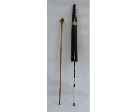 Oriental mid-20th century parasol, black lacquer sticks with painted organza body, coloured interior, the handle has been rep