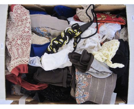 Assorted vintage scarves, hats embroidered, vintage material, pinafores, etc (1 box) 
