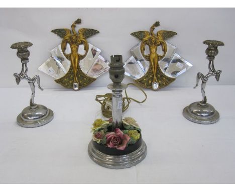 Pair Art Deco white metal candlesticks, each with foliate sconce supported by nude female figure on domed base, 21.5cm high a