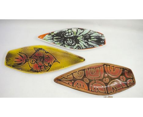 Three Poole pottery Delphis shaped dishes, shape no. 82, each&nbsp;42cm long approx.&nbsp;