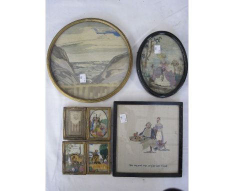 Early 20th century circular embroidered picture of coastal scene, dated August 1930 to reverse, 22cm diameter, an embroidered