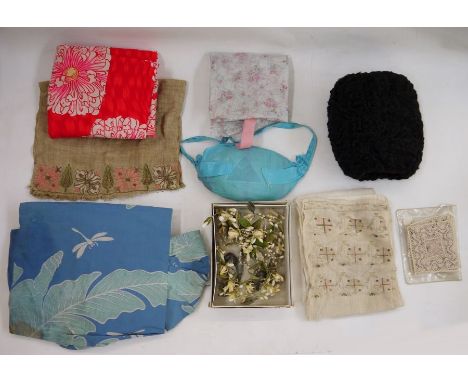 Assorted scarves, a Persian lamb muff, two pieces of embroidered hessian, a pincushion and vintage wax orange blossom decorat