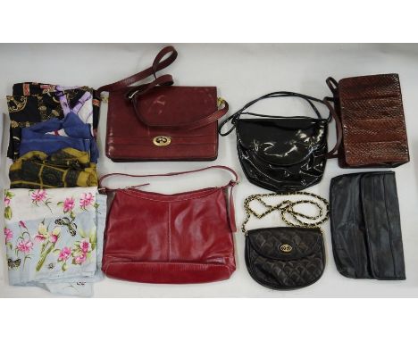 Herve Leger Paris pintucked fabric bag, a vintage Mappin & Webb lizardskin bag, assorted scarves and other bags (1 box) 