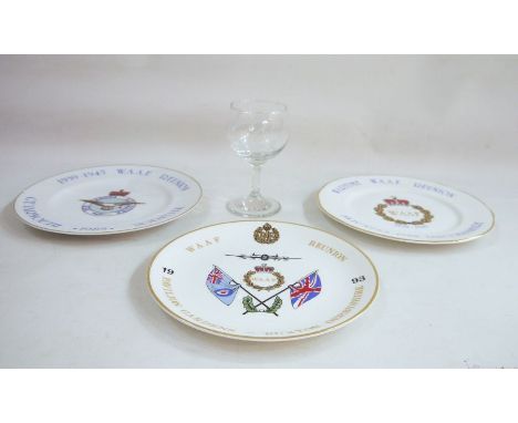 Three WAAF reunion commemorative plates,&nbsp;a clear glass wine&nbsp;and a quantity of domestic textiles&nbsp;to include tea