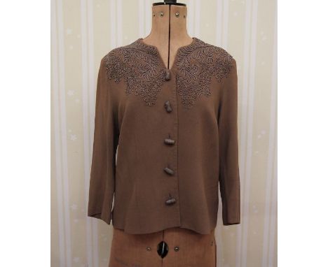 1940's/50's brown crepe blouse with embroidered bodice and buttons, labelled 'Dickinson Jones, Regent Street', a grey lace ov