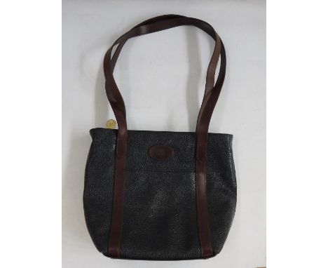 Mulberry vintage tote bag with tartan lining, Mulberry logo and brass tag with no.66457, brown leather with brown leather han