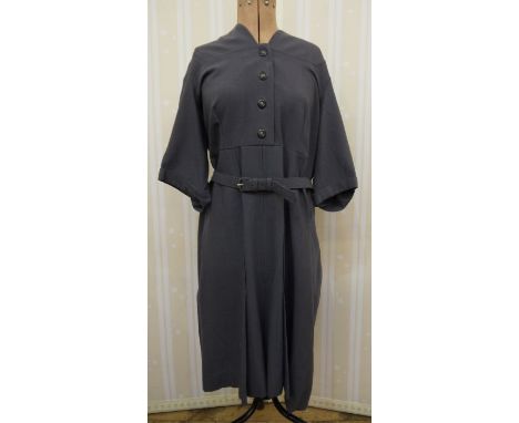 1940's crepe wool dress labelled 'An Alfred Kerr Model, London, W1', button detail to the front, belt, three-quarter length s