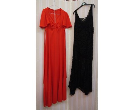 Selection of vintage and later dresses, a pleated coffee-coloured full-length evening dress with faux-pearl and diamante deta