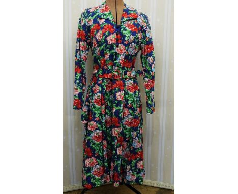 1970's and possibly earlier vintage dresses to include blue cotton dress with front button fastening, orange and green print 