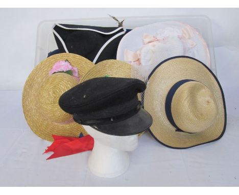 Assorted hats, vintage and theatrical and a box of various wigs (3 boxes) 