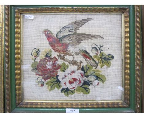 Early 20th century tapestry of bird amongst roses, 24cm x 28cm 