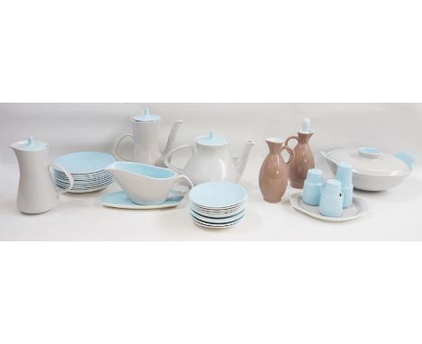 Extensive Poole pottery dinner and tea service, sky blue and dove grey glaze, 25 plates in various sizes, six oval serving di