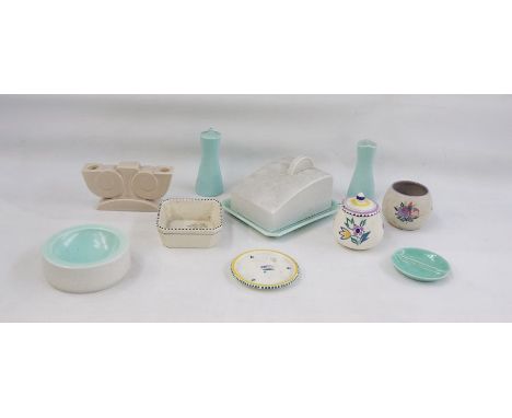 A quantity of assorted Poole pottery, to include butter dish, ashtray, dish, salt and pepperpot etc (9)