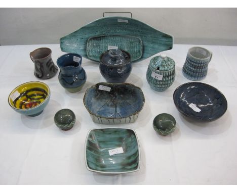 Oriental studio pottery bowl, leaf-shaped moulded, blue glaze with character marks to base, 17cm wide, five pieces of Hasting