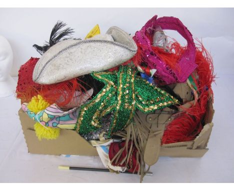 Assorted theatrical head dresses, hats, faux-fur, a fox stole and other vintage fur (3 boxes) 