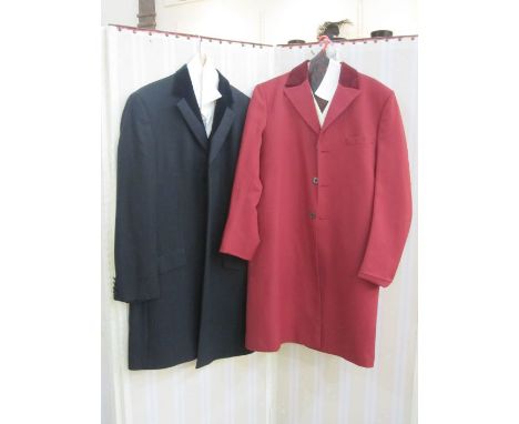 Quantity of vintage and later mens suits and jackets, a satin and velvet three-quarter length coat labelled 'Master Hand', so