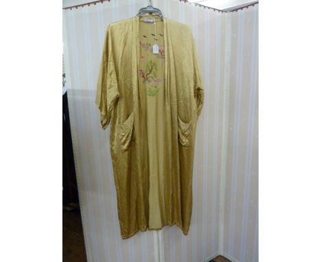 Vintage Chinese style silk dressing gown, embroidered on the back with weeping willow and cherry trees, birds flying, labelle