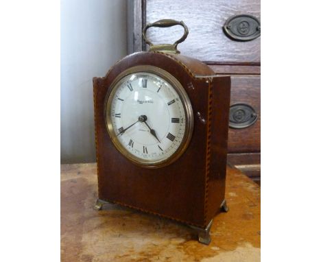 An Edwardian Mahogany Chequer Line Inlaid Mantle Clock, together with a cloisonne dish and a group of four coloured prints