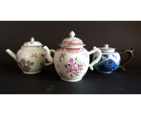 A Late 18th or Early 19th Century English Porcelain Teapot and Cover, together with two other similar porcelain teapots