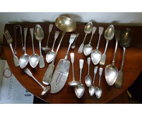 A Scottish Silver Canteen of Cutlery, to include a large ladle, various spoons, Aberdeen Maker George Booth, together with tw