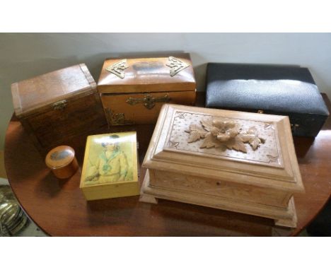 A Mauchline Ware Rectangular Tea Caddy, together with a collection of other small boxes and caskets