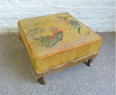 An Edwardian Mahogany Square Stool by Howard & Sons Ltd., the tapestry seat in the form of cock fighting, 55 cms square, impr