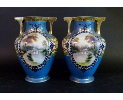 A Pair of Noritake Porcelain Two Handled Vases of Oviform, each decorated with reserves depicting river and lake scenes upon 