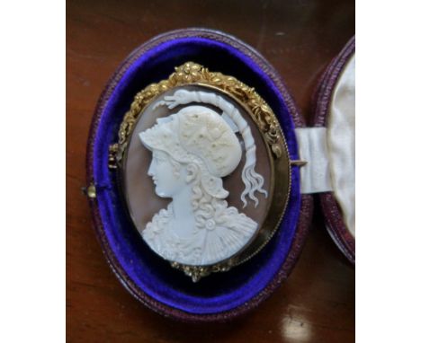A 19th Century Oval Cameo Brooch decorated in relief, head and shoulder portrait of a classical figure, 5.5 x 4.5 cms