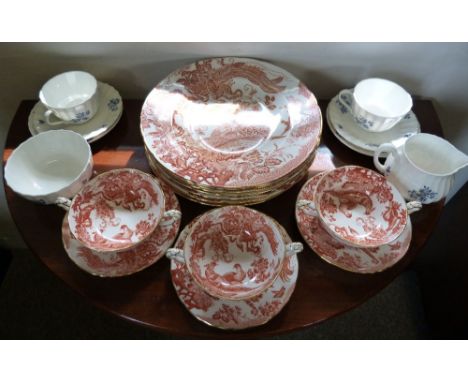 A Royal Crown Derby Part Dinner Service, Red Aves pattern, to include eight dinner plates and three soup bowls and saucers, t