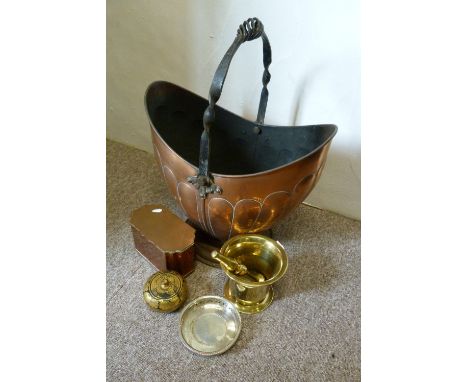 A Copper Helmet Shaped Coal Scuttle, together with other items of metalware