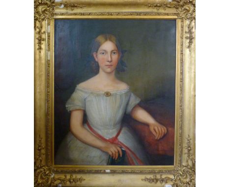 Early 19th Century English School,
HALF LENGTH PORTRAIT OF A GIRL WEARING PERIOD DRESS HOLDING A BOOK
Oil on canvas, 75 x 62 